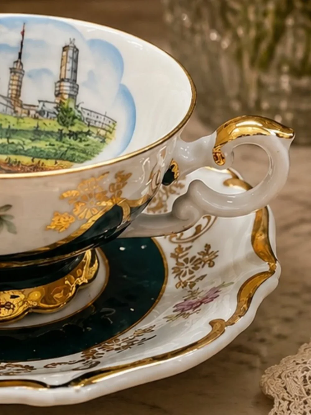 Vintage Bavaria Demitasse Emerald and Gold Hand Painted Teacup and Saucer Set